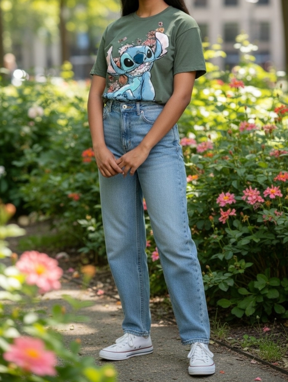 Juniors XL • Disney • Olive Green Graphic Tee with Stitch and Floral Design - Picture 7 of 7